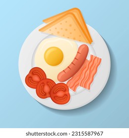 Plate with fried egg, bacon, grilled sausage. English breakfast vector illustration.