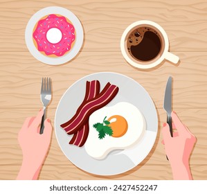 Plate with fried egg, bacon, pink donut and coffee. Fork and knife. Top view of food. Cafe for healthy and tasty breakfasts. A full breakfast early in the morning. English breakfast.