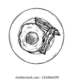 Plate with fried egg and bacon slices. Hand drawn sketch style traditional breakfast drawing. Vector illustration on white background.