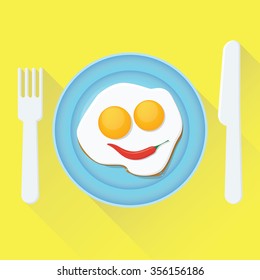 Plate with fried egg. Fork and knife.