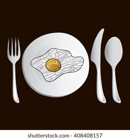 Plate with fried egg. Fork and knife. Breakfast, hand drawn vector illustration