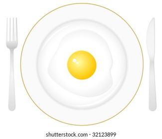 Plate with fried egg, knife and fork on a white background. Vector illustration.