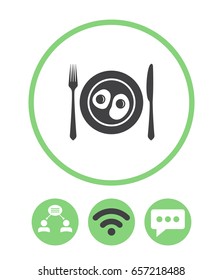 Plate with fried egg, teamwork, wireless and speech bubble vector icon.