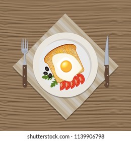 Plate with fried egg, toast and tomatoes on a wooden background. There is also a fork and a knife in the picture. Vector illustration