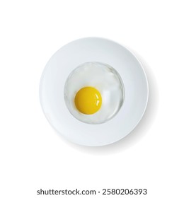 Plate with fried egg top view on white background. 3d plate with fried egg top view