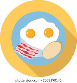 Plate with fried eggs, bacon and a piece of bread isolated on a yellow background. Breakfast time banner. Vector, designer illustration. Vector.