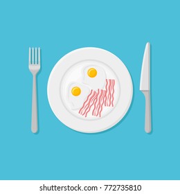 Plate with fried eggs and bacon strips isolated on blue background. Top view. Breakfast flat style vector illustration.