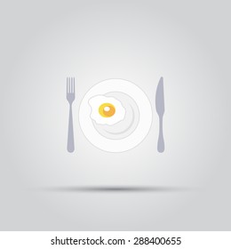 Plate with fried eggs and cutlery isolated vector colored objects