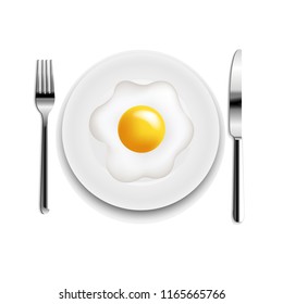 Plate With Fried Eggs Fork And Knife White Background With Gradient Mesh, Vector Illustration