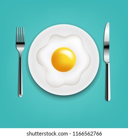 Plate With Fried Eggs Fork And Knife With Mint Cloth With Gradient Mesh, Vector Illustration