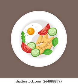 Plate with fried eggs and fried potatoes. Vector illustration