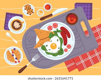 Um prato de ovos fritos, legumes e salsichas, uma caneca de café quente com croissants e bolachas. Delicioso café da manhã fresco. Vista superior. Ilustração vetorial em estilo plano
