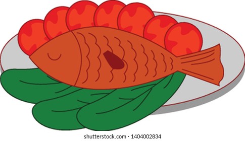 Ein Teller mit frittiertem Fisch mit Gemüse, das lecker aussieht. Vektorgrafik, Farbzeichnung oder Illustration.