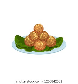 Plate with fried meat balls. Delicious snacks. Food theme. Flat vector for recipe book or cafe menu