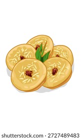 um prato de bolo de lama frito com folhas de Pandanus, xadrez fatiado, passas secas sobre ele. Bolo de lama Feito de leite de coco de farinha de trigo e açúcar
