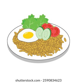 A plate of fried rice complete with egg, lettuce, cucumber and tomato. isolated on a white background