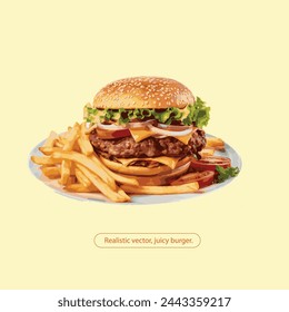 Plate of fries and burger, editable vector illustration.