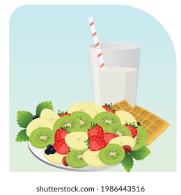 A plate of fruit and berries, waffles, and a glass of milk. Healthy breakfast for every day. Vector illustration