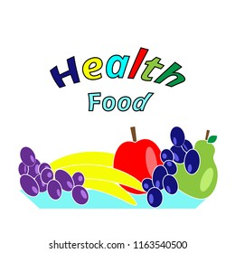A plate of fruit - grapes, an apple, a pear, a banana. Proper nutrition. Healthy lifestyle. Vegetarianism. Illustration, vector eps 8