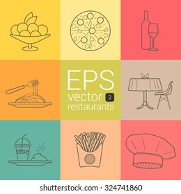Plate with fruit and ice cream, pizza with sausage, tomato, cheese, mushrooms, wine, glass, spaghetti, macaroni and fork, covered table with napkins and chair, watermelon shake, mashed potatoes vector