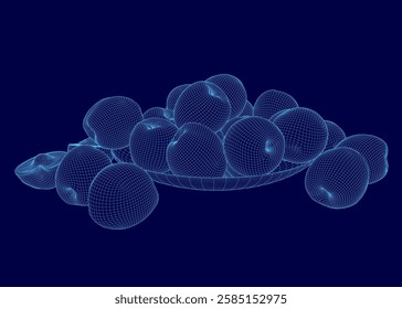 A plate of fruit is shown in a blue background. The fruit is arranged in a way that makes it look like a computer-generated image. Scene is somewhat surreal and dreamlike