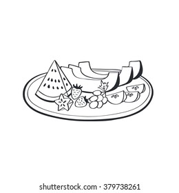Plate of fruits and berries in doodle style isolated. Fruits tray hand drawn black on white background.