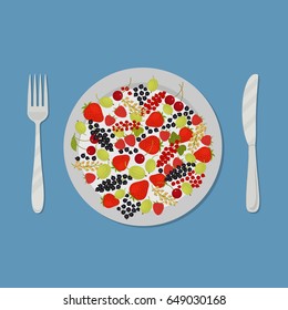 Plate with fruits and berries on a blue background. There are strawberries, raspberries, currants, gooseberries, cherries in the picture. Also there is a knife and fork in the image. Vector 