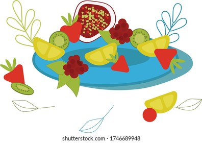 
plate with fruits, berries, vector illustration, blank for design, dish, bright picture