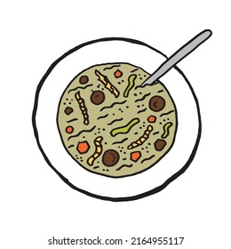 Plate full of delicious soup and with a spoon in it, hand drawn outline illustration. Soup with all ingredients, organic and healthy cuisine, simple sign. Hot and fresh food straight from a kitchen.