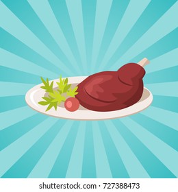 Plate full of goose meat and vegetables parsley and tomato vector in concept of Oktoberfest or Octoberfest festival on background with rays