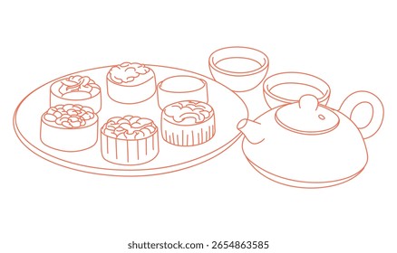 A plate full of mooncakes with exquisite flora pattern and tea