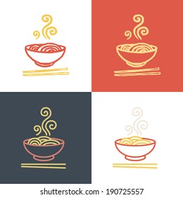 Plate full of tasty hot noodles with chopsticks. Vector icon set. Logo Template.