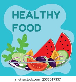 O prato está cheio de legumes e frutas. Comida saudável. Ilustração vetorial. Dia vegano