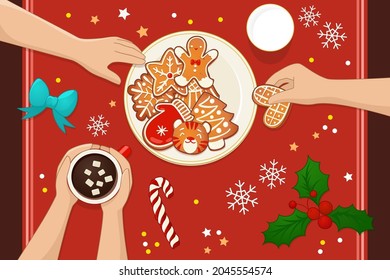 Plate with gingerbread Christmas cookies. Celebration party with hot cocoa, milk, candy cane and mistletoe.  Top view vector illustration for new year and winter holiday design.