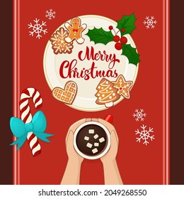 Plate with gingerbread Christmas cookies with hands and hot cocoa. Hand lettering composition. Top view vector illustration for new year and winter holiday design.
