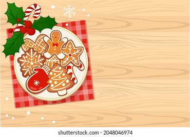 Plate With Gingerbread Christmas Cookies With Mistletoe And Candy Cane On Wooden Table. Top View Vector Illustration For New Year And Winter Holiday Design.