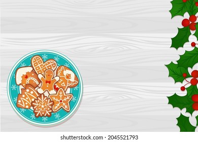 Plate With Gingerbread Christmas Cookies On Wooden Table And Mistletoe Border. Top View Vector Illustration For New Year And Winter Holiday Design.