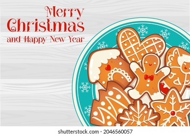 Plate with gingerbread Christmas cookies on wooden table. Top view vector illustration for new year and winter holiday design.