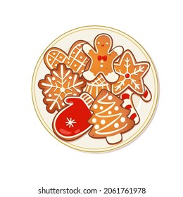 Plate with gingerbread Christmas cookies. Top view vector illustration for new year and winter holiday design.