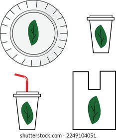 Plate, glasses and bag with a green leaf on them, eco-friendly products concept