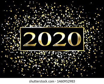 Plate with a gold frame, with metal numbers. 2020 new year. Brilliant snowflakes, glare, flashing lights.