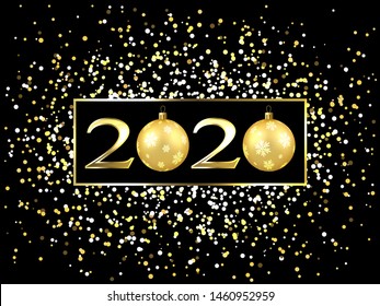 Plate with a gold frame, with metal numerals. 2020 new year. Brilliant snowflakes, glare, flashing lights, a toy ball.
