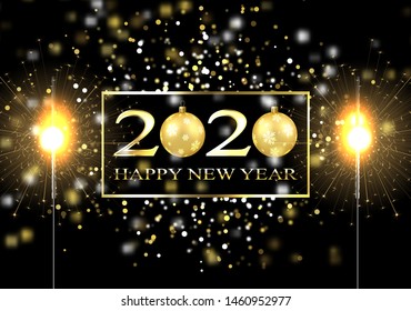 Plate with a gold frame, with metal numerals. 2020 new year. Brilliant snowflakes, glare, flashing lights. Blur effect, focus. Sparkler, bengal fire, a toy ball.