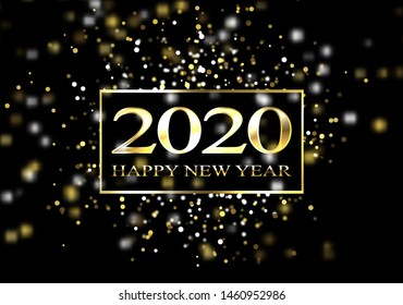 Plate with a gold frame, with metal numerals. 2020 new year. Brilliant snowflakes, glare, flashing lights. Blur effect, focus.