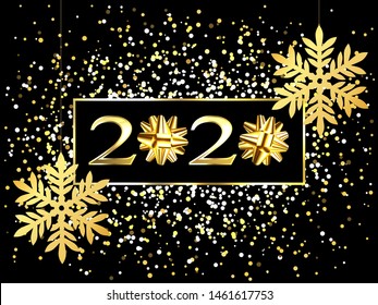 Plate with a gold frame, with metal numerals. 2020 new year. Brilliant snowflakes on the thread, highlights, flashing lights. For design. Flower of ribbon