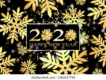 Plate with a gold frame, with metal numerals. 2020 new year. Large shiny snowflakes, glare, flashing lights. Blur effect, focus. Flower of ribbon