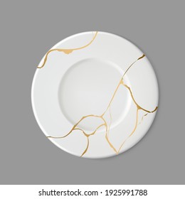 Plate with gold kintsugi on gray background. Crack and broken effects. Marble texture. Luxury design for wall art, wallpaper, wedding card, social media. Modern vector illustration.