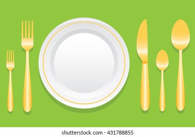 Plate And Golden Cutlery Layout With Laurel Wreath Over