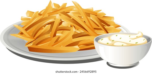 Plate of golden fries with a side of dip.