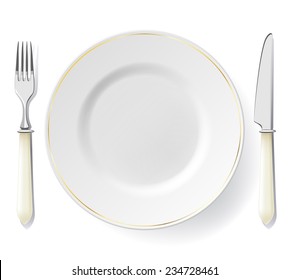 Plate with golden line decor, fork and knife isolated on white. Dinner set.